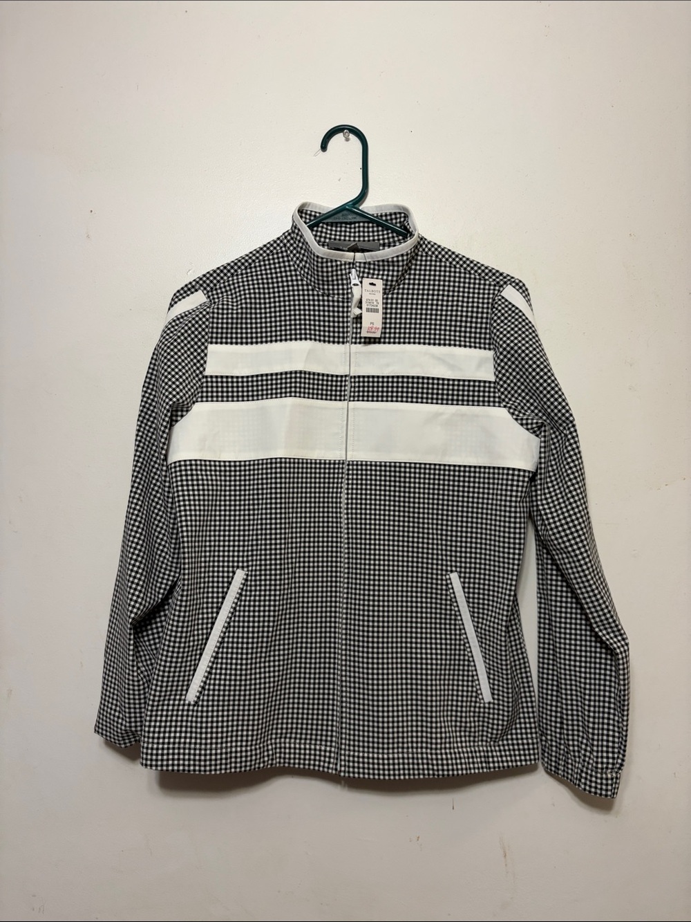 Talbots Black and White Gingham Zip-Front Jacket with White Stripes